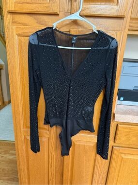 Black Long-Sleeve Mesh Embellished V-Neck Bodysuit